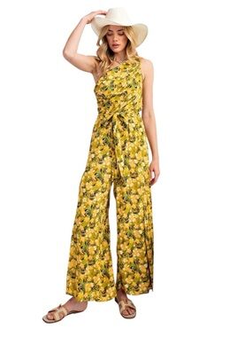 E4 One-Shoulder Floral Wide-Leg Jumpsuit in Yellow